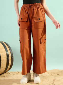 KASSUALLY - Women Brown Cotton Comfortable Fit Pant
