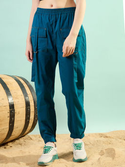KASSUALLY - Women Blue Cotton Straight Fit Pant