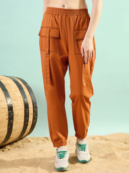 KASSUALLY - Women Brown Cotton Straight Fit Pant