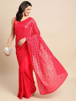 VAIRAGEE - Pink Women Soft Georgette Sequence Saree with Unstitched Blouse