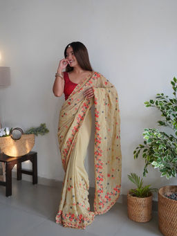 VAIRAGEE - Cream Soft Georgette Embroidery Saree and Soft Banglory Silk Unstitched Blouse
