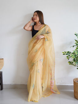 VAIRAGEE - Cream Soft Organza Embroidery Saree and Soft Banglory Silk Unstitched Blouse