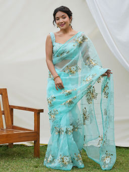 VAIRAGEE - Turquoise Soft Organza Embroidery Saree and Soft Banglory Silk Unstitched Blouse