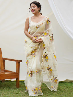 VAIRAGEE - White Soft Organza Embroidery Saree and Soft Banglory Silk Unstitched Blouse