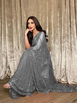 VAIRAGEE - Grey Soft Georgette Embroidery Saree and Soft Banglory Silk Unstitched Blouse