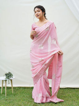 VAIRAGEE - Pink Soft Georgette Embroidery Saree and Mono Banglory Silk Unstitched Blouse