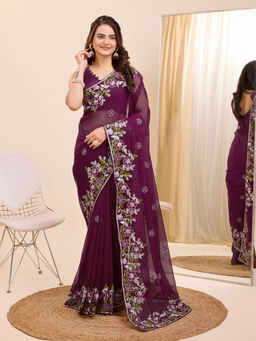 VAIRAGEE - Wine Soft Organza Embroidery Saree and Soft Organza Unstitched Blouse