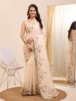 VAIRAGEE - Cream Soft Organza Embroidery Saree and Soft Organza Unstitched Blouse