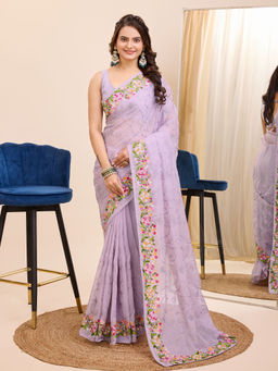VAIRAGEE - Lavender Soft Organza Embroidery Saree and Soft Organza Unstitched Blouse