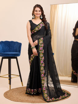 VAIRAGEE - Black Soft Organza Embroidery Saree and Soft Organza Unstitched Blouse