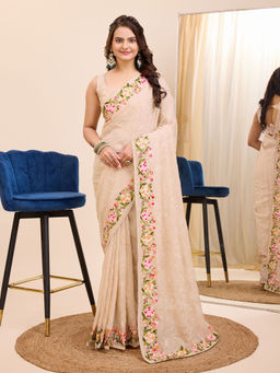 VAIRAGEE - Cream Soft Organza Embroidery Saree and Soft Organza Unstitched Blouse