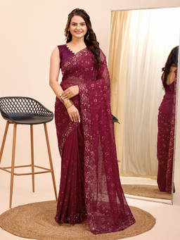 VAIRAGEE - Maroon Soft Organza Embroidery Saree and Soft Organza Unstitched Blouse