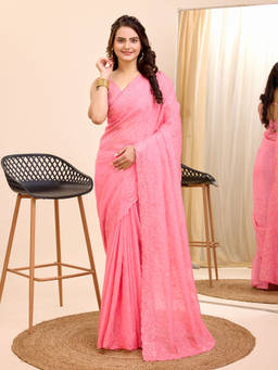 VAIRAGEE - Pink Soft Organza Embroidery Saree and Soft Organza Unstitched Blouse