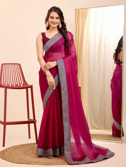 VAIRAGEE - Magenta Soft Burberry Chiffon Embroidery Saree with Burberry Chiffon Unstitched Blouse