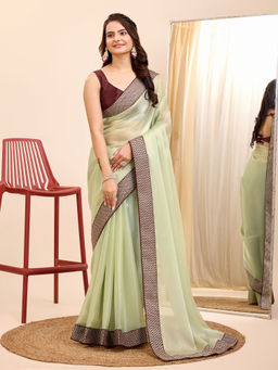 VAIRAGEE - Green Soft Burberry Chiffon Embroidery Saree and Soft Burberry Chiffon Unstitched Blouse