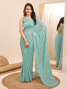VAIRAGEE - Turquoise Soft Georgette Embroidery Saree and Soft Georgette Unstitched Blouse