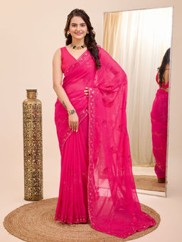 VAIRAGEE - Pink Soft Georgette Embroidery Saree and Soft Georgette Unstitched Blouse