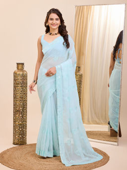 VAIRAGEE - Blue Soft Georgette Embroidery Saree and Soft Georgette Unstitched Blouse