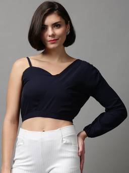 SHOWOFFFF - Women's Regular Sleeves Solid Navy Blue Cinched Waist Top
