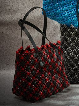 Maatir - Red Black Large Koodai Hand Knotted Plastic Lunch Tote Bag