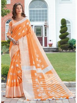 Sangam Prints - Orange Woven Work Traditional Saree with Unstitched Blouse