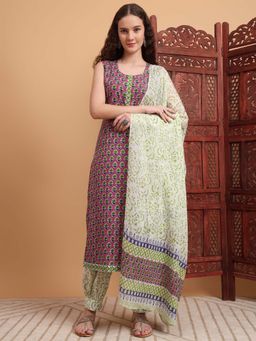 Sufiza Lifestyle - Purple Women Hand Block Kurta with Salwar and Dupatta
