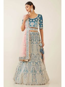 Soch - Women Blue Velvet Embroidered Lehenga Choli Dress Material (Set of 3)