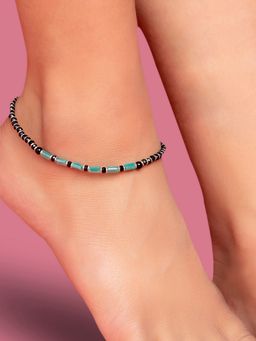 Zavya - Green Stone & Beads 925 Sterling Silver Anklet