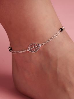 Zavya - Leaf and Black Beads 925 Sterling Silver Anklet