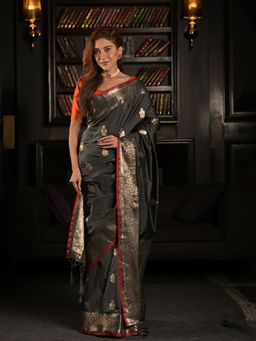 EXCLUSIVA - Dark Grey Soft silk with Dual Zari Weaving Saree with Unstitched Blouse
