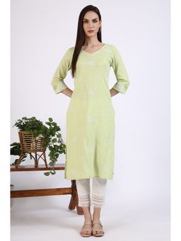 Aurelia - Women Light Green Thread Embroidered Pure Cotton Straight Kurta
