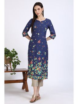 Aurelia - Women Navy Blue Floral Printed Rayon Straight Kurta
