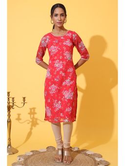 Aurelia - Women Red Digital Floral Printed Chiffon Straight Kurta
