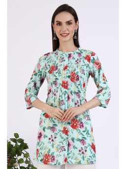 Aurelia - Women Green Floral Printed Pure Cotton Short Kurti