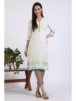 Aurelia - Women White Foil Printed Rayon Straight Kurta with Lace
