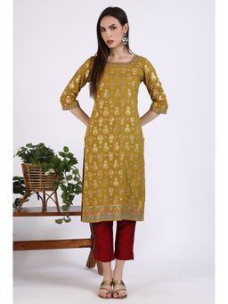 Aurelia - Women Green Foil Printed Rayon Straight Kurta