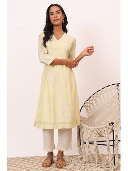 Folksong - Light Lemon Chikankari Kurta In Cotton Silk