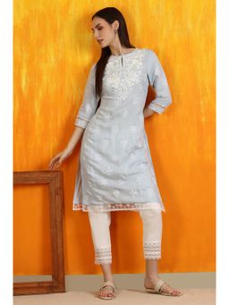 W - Powder Blue Embroidered Dull Shantung Straight Kurta