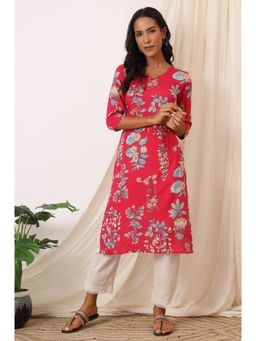 W - Red Floral Printed Modal Straight Kurta