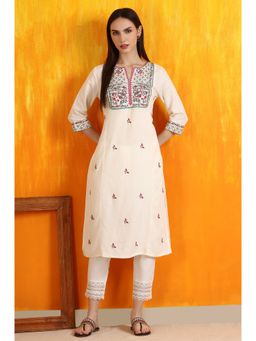 W - Off-White Embroidered Yoke Rayon Flax Straight Kurta