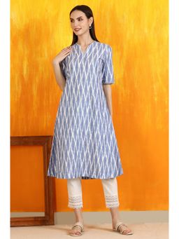 W - Cobalt Blue Ikkat Yarn Dyed Pure Cotton Straight Kurta