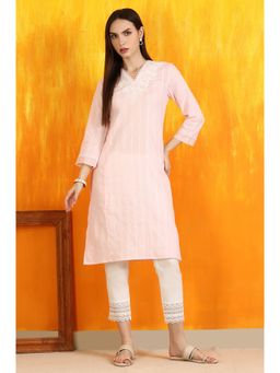 W - Light Pink Embroidered Cotton Lurex Straight Kurta