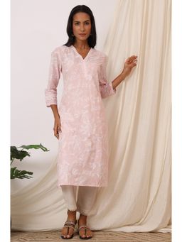 W - Light Pink Floral Printed Pure Cotton A-Line Kurta with Lace