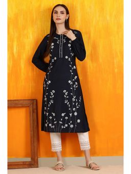 W - Navy Blue Thread Embroidered Cotton Modal Straight Kurta