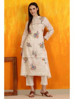 W - Beige Checker Floral Embroidered Pure Cotton Kurta