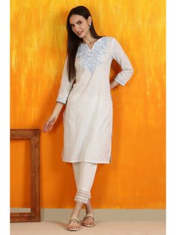 W - Blue and White Embroidered Cotton Swiss Dot Straight Kurta