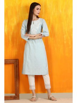 W - Light Blue Printed Pure Cotton Straight Kurta with Embroidery