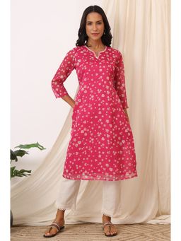 W - Pink Floral Printed Organza Straight Kurta
