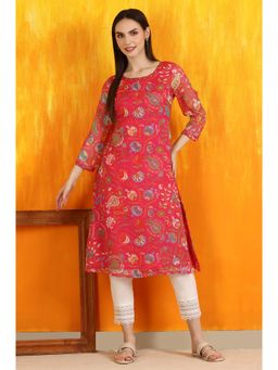 W - Red Floral Printed Chiffon Straight Kurta
