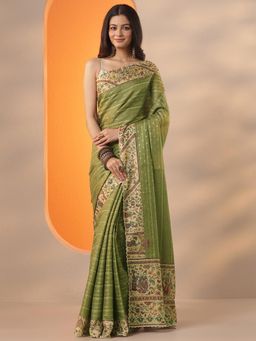 Libas - Woven Design Silk blend Saree with Unstitched Blouse for Women - Green